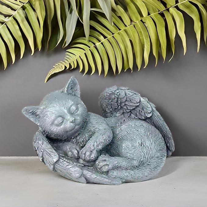 Small Cat Memorial Stone Commemorates Our Lost Fur Baby,Peaceful Sleeping Cat Angel Statue for Garden,Indoor,Pet Grave Markers,and Loss of Cat Sympathy Gift(Gray)