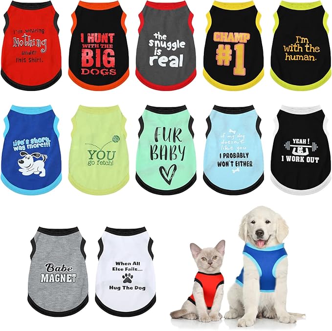 12 Pieces Dog Shirts Pet Printed Clothes with Funny Letters Summer Pet T Shirts Cool Puppy Vest Breathable Dog Outfit Soft Cat Sweatshirt for Chihuahuas Cats Accessories, 12 Styles(X-Large)