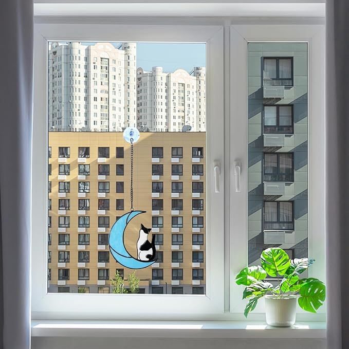 Black and White Tuxedo Cat Memorial Gifts - Handmade Stained Glass Suncatcher Window Hanging, Cat Loss Sympathy Gift for Owners