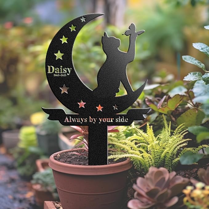 Custom Cat Grave Marker Cat Burial Stake, Personalized Butterfly Flowers Cat Memorial Garden Stake, Metal Cat Memorial Plaque for Outdoors, Customized Pet Headstone