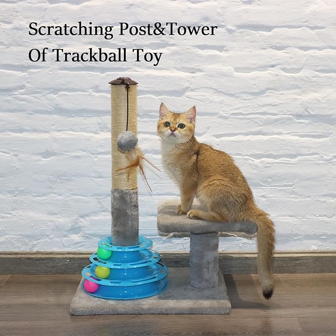 PEEKAB Cat Scratching Post Kitten Sisal Scratcher Tree with Tracks Toy Balls for Indoor Cats and Kittens 25 inches