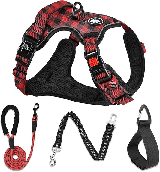 NESTROAD No Pull Dog Harness with Leash, Reflective No Choke Pet Vest Harness,Adjustable Soft Padded Dog Harness with Easy Control Handle for Large Dogs(Checkered Red,Large)