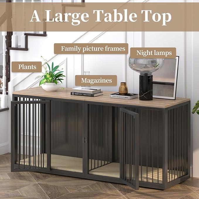 Large Dog Crate Furniture for 2 Dogs, 71.6'' Steel Frame Dog Crate with Double Doors, Heavy Sturdy Kennel for Small Medium Large Dogs, Indoor Double Dog Cage (Black)