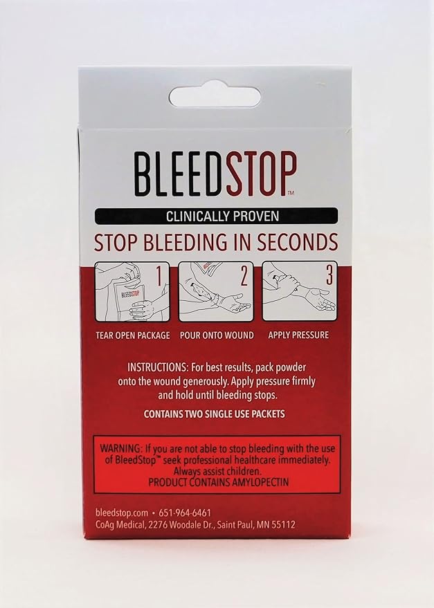 BleedStop™ First Aid Powder for Blood Clotting, Trauma Kit, Blood Thinner Patients, Camping Safety, and Survival Equipment for Moderate to Severe Bleeding Wounds or Nosebleeds - 4 (20g) Pouches