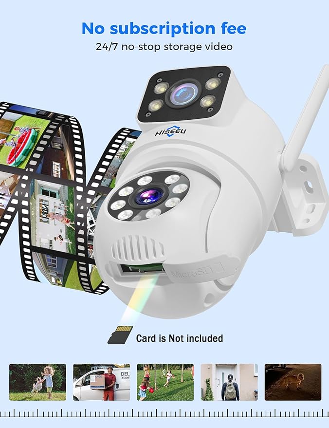 Hiseeu Wireless Security Camera Dual Lens 5G/2.4G WiFi PTZ Camera Outdoor,Power Cord,IP65 Waterproof Motion Tracking,Color Night Version, No-Monthly Fees Works with Wireless Camera System
