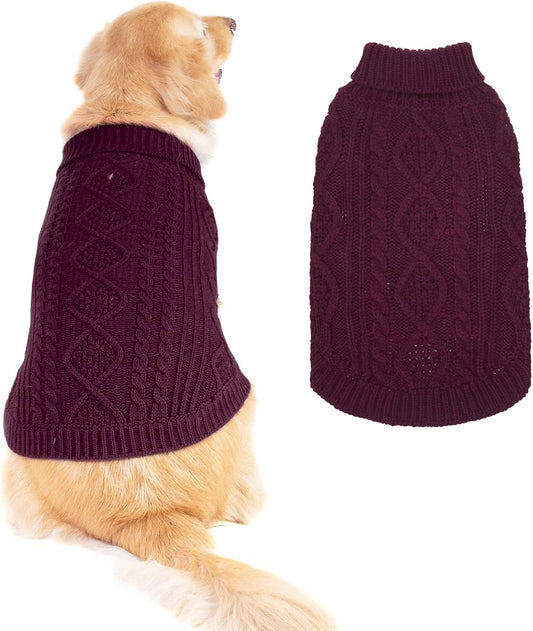BINGPET Thermal Knitted Dog Sweater, Winter Dog Cat Coat, Warm Sweater for Small Medium Large Dogs, Classic Cable Knit Turtleneck Pullover, Purple, Large, 100% Acrylic, Machine Wash