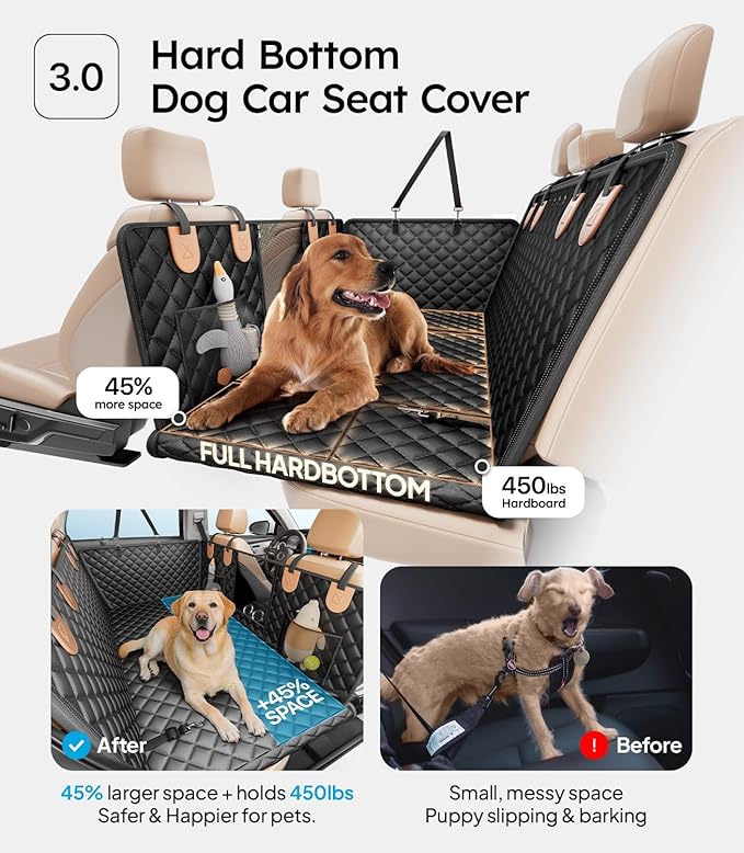 Wigoo Dog Truck Seat Cover for Back Seat, Dog Hammock with Hard Bottom Support (450lbs), Heavy Duty Waterproof Car Bed Extender for 2-4 Large Dogs, Backseat Protector for Truck/SUV, Black+Orange