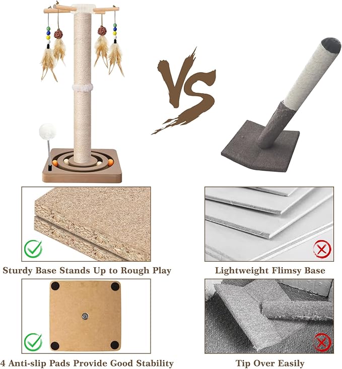 Tall Cat Scratching Post, 33 Inches, Sisal, Interactive Furniture Toys for Indoor Cats Adults, 2 Mounting Methods Large Scratcher Tree Tower with Hanging and Ball Track, Activity Center for All Ages