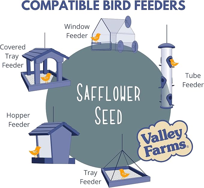 Valley Farms Safflower Seed Wild Bird Food (15 LB) for Outside Feeders, Safflower Bird Seed for Cardinals, Grosebeaks, and Buntings, Cardinal Birdseed for Ourtside Feeders
