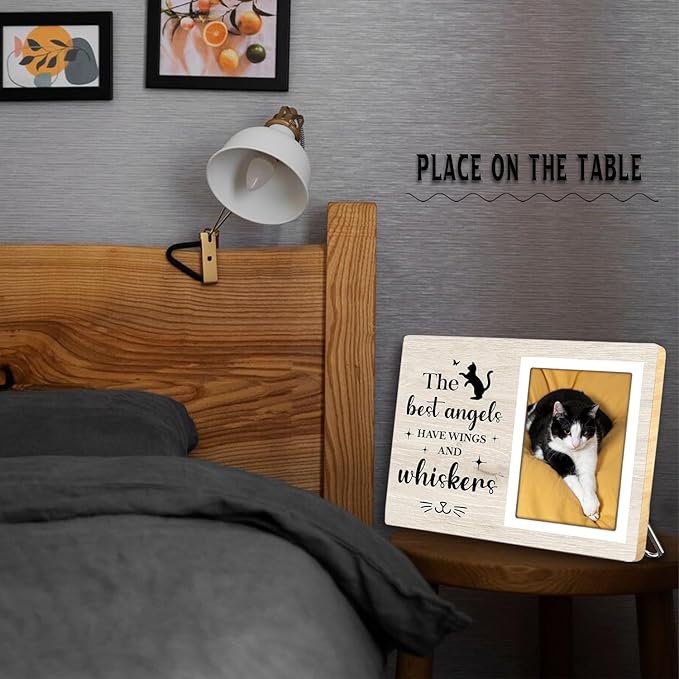 Cat Picture Frame, Cat Memorial Wooden Photo Frame, Pet Remembrance Gift, Sympathy Gift for Pet Owner, Cat Memorial Gifts for Loss of Cat, The Best Angels Have Wings and Whiskers (Beige, 4 x 6 Photo)
