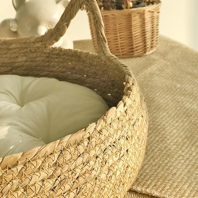 Natural Cat Bed Straw Nest Woven Pet House Handmade Braided Cattail Leaf with Soft Cushion 17 x 17 Inches