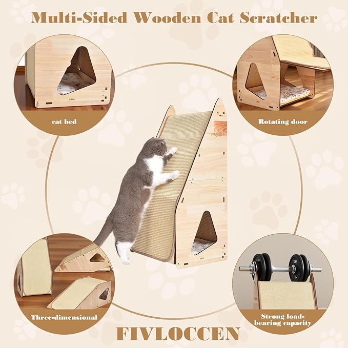 large Cat Scratching Post with Bed: Modern Sisal Cat Scratcher & Wood Frame, Integrated Cat Scratch Pad Post Condo Tunnel. All-in-One Space Saver for Multi-Cat & Budget-Friendly Homes (32in)