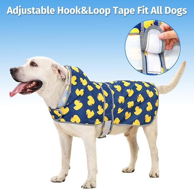Dog Rain Coat for Large Dogs Waterproof Hooded Rain Jacket with Reflective Strips Leash Hole & Poncho Adjustable Fit (Duck,XXL)