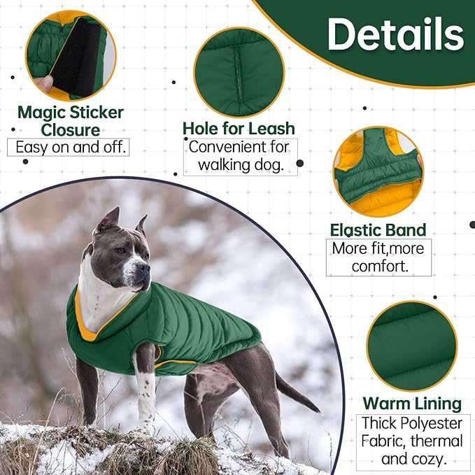 Lelepet Reversible Dog Coat Waterproof Dog Jacket Windproof Puffer Vest for Winter Warm Lightweight Coats for Large Dogs Adjustbale Hook & Loop Pet Apparel with Leash Hole, Golden Retriever, 3XL
