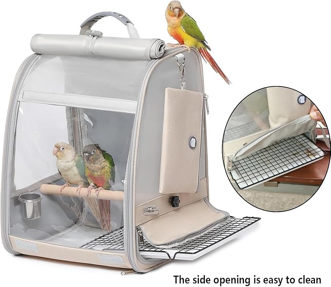 Bird Carrier Backpack, Portable Travel Bird Cage with Standing Perch, 2 Feeder Cups, Iron Mesh Stand & Removable Tray Lightweight, Breathable Mesh Window for Parrot Carrier，Easy Clean (Cream)