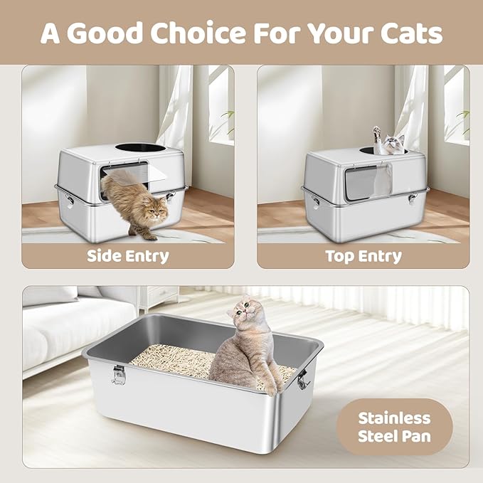 Stainless Steel Litter Box, 23.6" L x 15.7" W x 15.7" H XXL Enclosed Metal with High Sides Cat Litter Box, Extra Large Cat Toilet with Scoop, Non-Sticky, Odor Free, Easy to Clean