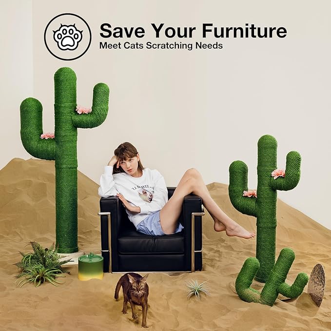 VETRESKA Cat Scratchers for Indoor Cats Cactus Cat Scratch Post Sisal Rope , 31.5'' Tall Green Vertical Cactus Cat Tree Scratching Posts Protect Furniture