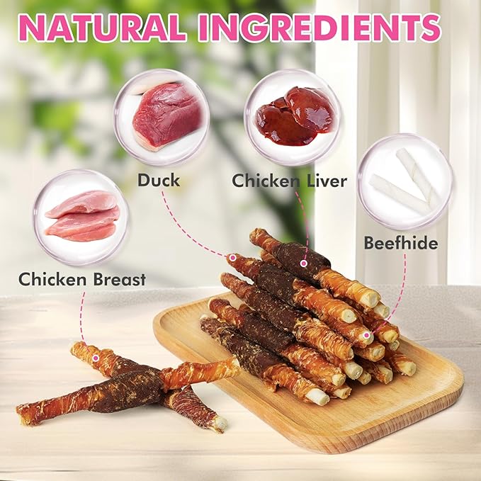 Dog Treats, Triple Flavor Rawhide Sticks, Chicken Duck and Chicken Liver Wrapped Rawhide Dog Chews, Suitable for Medium and Small Dogs, 10.58 oz
