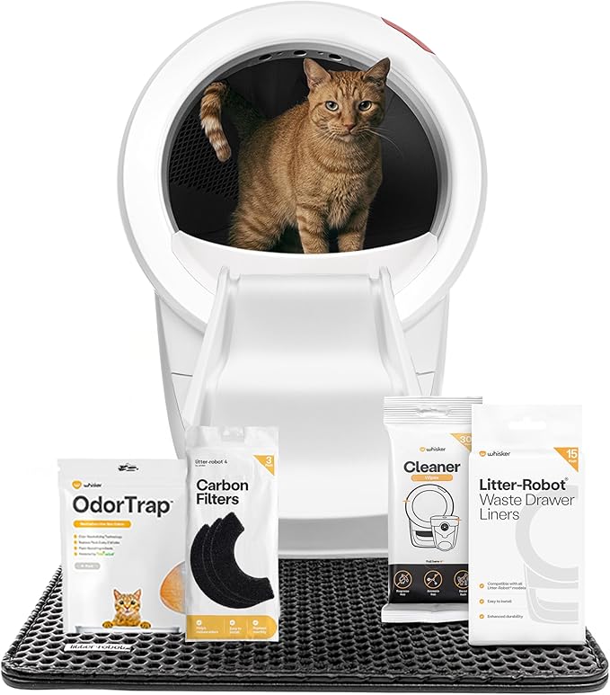 Litter-Robot 4 Supply & Accessory Bundle by Whisker, White- Automatic Self-Cleaning Cat Litter Box, Includes Litter-Robot 4, Ramp, Mat, 3 OdorTrap Packs, 10 Liners, 30 Wipes, & 2 Carbon Filters