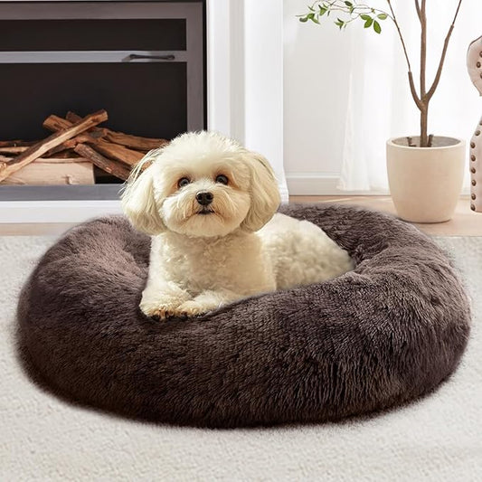 JOLLYVOGUE Calming Dog & Cat Bed for Small Dogs, Anti-Anxiety Donut Cuddler Cozy Soft Round Bed with Anti-Slip Bottom, Fluffy Faux Fur Plush Cushion Beds for Small Medium Pets (23")