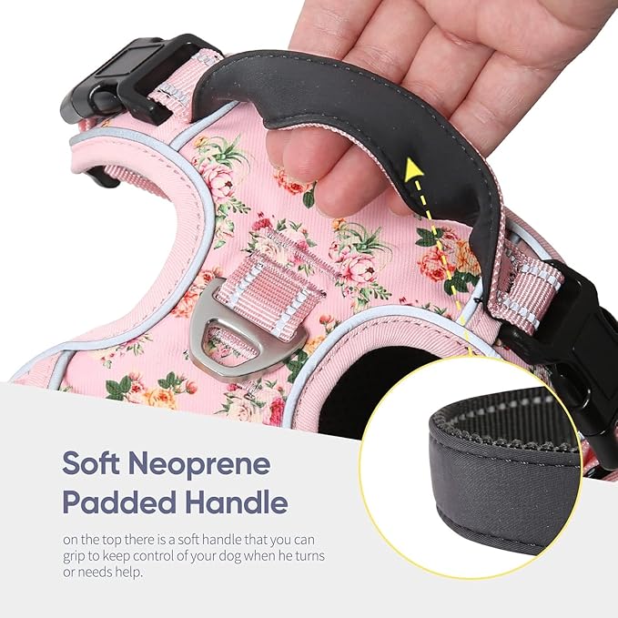 HEELE Dog Harness, No Pull Adjustable Padded Reflective Harness for Small Medium Large Dogs with Handle for Walking Training, Flower-Pink, M