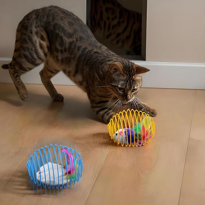 Jecery 5 Pcs Cat Spring Balls Stretchable Springs Toys Rolling Balls Colorful Playful Coils Interactive Spring Action Toy Caged Rats for Kitten Cat Pet Supplies Indoor (Cute Mouse,Bright Color)