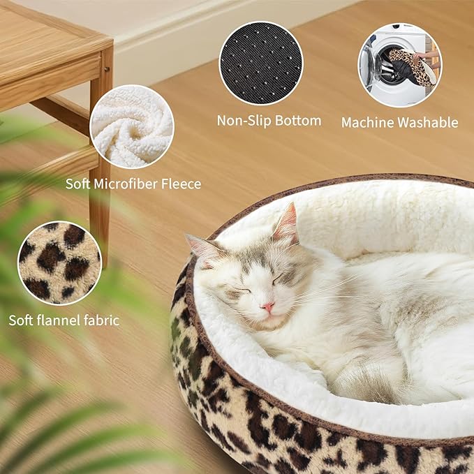 20in Leopard Round Cat Dog Bed Gift for Large Medium Small Dogs Cats, Machine Washable Sleeping Sofa, Non-Slip Bottom Breathable Soft Calming Pet Cuddler for Indoor/Outdoor/Car/Cage