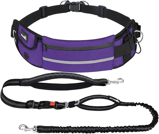 Pecute Hands Free Dog Leash with Pouch, Waist Belt Fanny Pack with Soft Pads, Dual Handles and Durable Bungee for Walking, Dog Seat Belt, Hiking, Running, Training, Purple(Up to 150lbs)