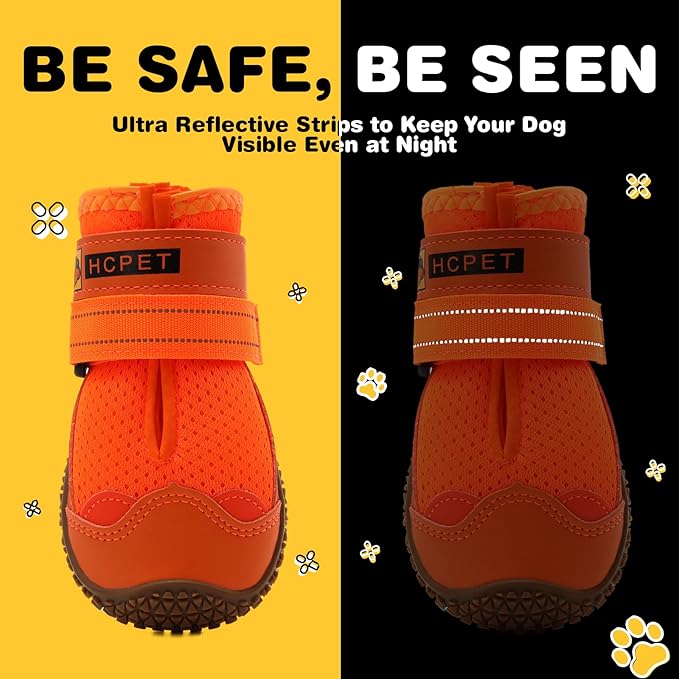 Hcpet Dog Shoes for Large Dogs, Breathable Dog Booties for Small Medium Dogs, Anti-Slip Dog Boots & Paw Protectors for Hot Pavement Winter Snow Hiking with Reflective Straps Orange Size 2
