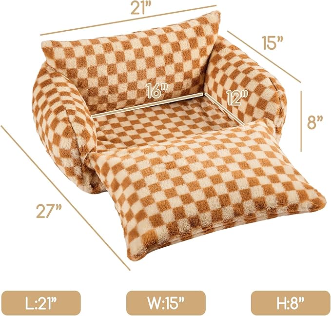 Hollypet Cat Bed Fluffy Plush Mutifuctional Double-Layer Soft Pet Couch Orthopedic Sofa Nest Beds for Small Cats and Dogs, Brown and Light Yellow (21x15x8 inch)