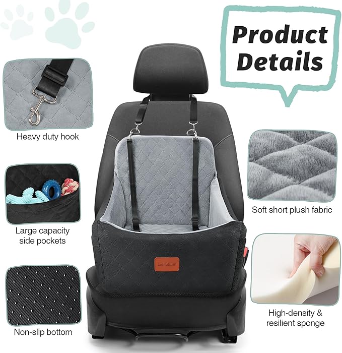 Dog Car Seat for Dogs Up to 35lbs,Fully Detachable and Washable,Memory Foam Covered Soft Fabric,Easy to Install with Adjustable Straps,Anti-Slip Bottom,2 Side Pockets(Black/Grey,Medium)