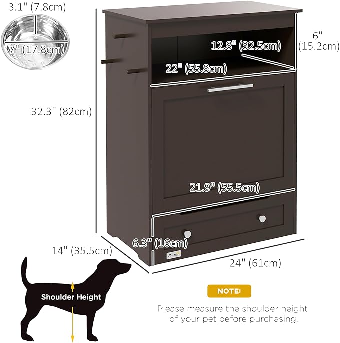 PawHut Dog Feeding Station with Storage, Pet Feeder Cabinet Container with Raised Bowls and Hanger for Feeding & Watering Supplies, Dog Food Organizer, Brown
