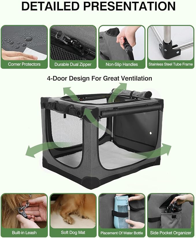 42 Inch Collapsible Travel Dog Crate for Medium Large Dogs, Portable Dog Crate 4-Door Foldable Soft Kennel with Durable Mesh Windows for Indoor & Outdoor Travel, with Storage Bag,Grey