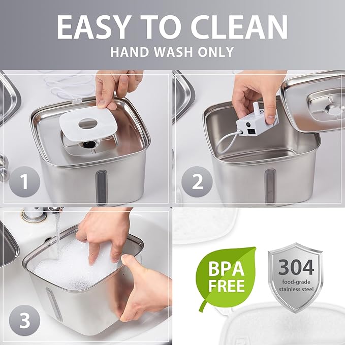 Veken Innovation Award Winner Stainless Steel Cat Water Fountain, 95oz/2.8L Automatic Pet Fountain with 6 Replacement Filters & 6 Pre-Filter Sponges & Silicone Mat for Cats, Dogs (Silver)