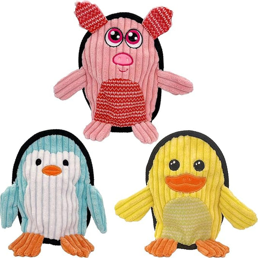 Squeaky Dog Toys 3 Pack, Soft and Tough Dog Plushes, No Stuffed Toy Sets, Durable Pet Chew Toys for Small, Medium and Large Dogs Interact and Reduce Boredom