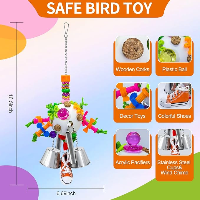 Bird Toys, Parrot Pullable Stainless Steel Cup Colorful Acrylic Stick Chew Toys for Amazons Mini Macaws African Greys Cockatoos Conures,Cockatiels, Lovebirds，Parrotlet，Eclectus (White)