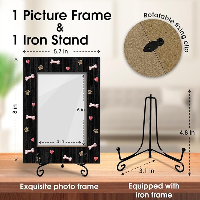 Dog Picture Frame Dog Paw Print Photo Frame, Gifts for Pet Owner Pet Lover, Wooden Picture Frame with Stand, 4"x6" Photo Frame for Tabletop Display, Home Office Desk Decor Shelf Display/XK62