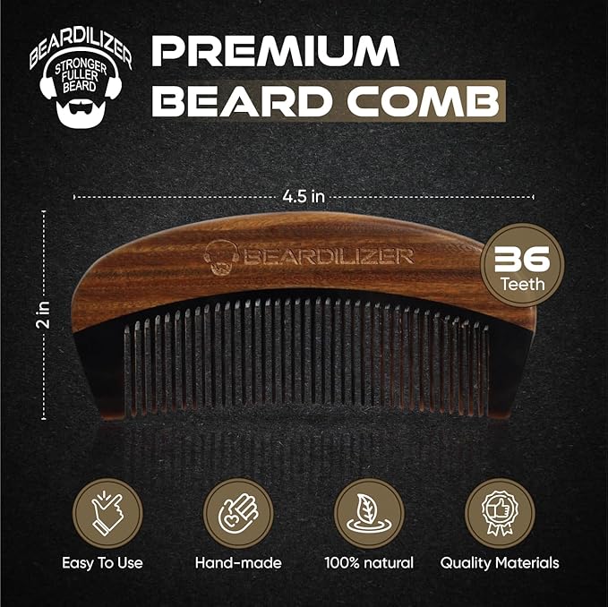 Beardilizer Premium Beard Comb for Men - 100% Natural Black Ox Buffalo Horn & Sandalwood Handle with Carrying Pouch, Professional Anti-Static Fine and Coarse Teeth