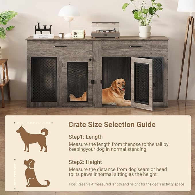 71 Inch Dog Crate Furniture for 2 Dogs，XXL Thick Wooden Double Kennel TV Stand w/Removable Divider - Heavy Duty Indoor Cage for Large Breeds (Gray, 71L* 23.6W* 33.5" H)