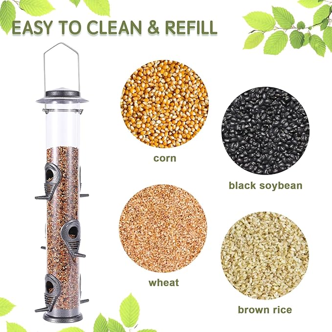 MIXXIDEA Metal Wild Bird Feeder, Squirrel Proof, Hanging 6 Port Tube Transparent Finch Feeder for Attracting Birds in Lawn, Garden, Balcony - Gray