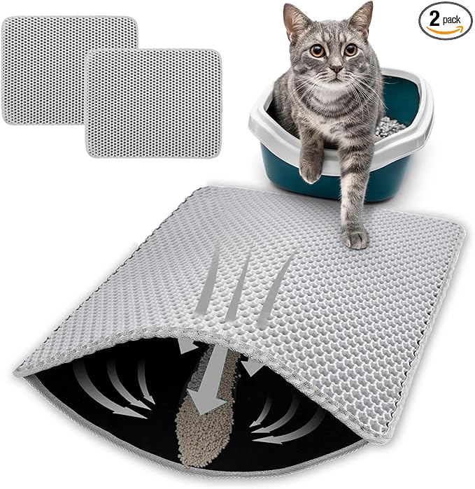 HCY&WLD 2-Pack Cat Litter Mat, Double Layer Honeycomb Waterproof Urine Proof Non-slip Litter Trapping Mat, Less Waste, Easy to Clean Cat Litter Box Mat, Kitty Indoor Supplies (Gray, 30x22 Inches)