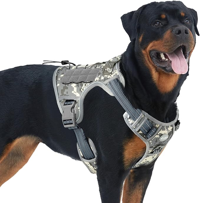 Auroth Tactical Dog Training Harness No Pulling Front Clip Leash Adhesion Reflective K9 Pet Working Vest Easy Control for Small Medium Large Dogs Grey Camo L