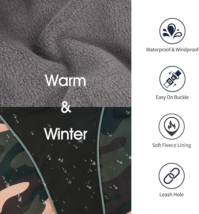 IECOii Extra Warm Dog Coat - Reflective Adjustable Jacket With Buckle Fleece Turtleneck for Cold Weather - Soft Winter Coat for Small Medium Extra Large Dogs - Green Camo