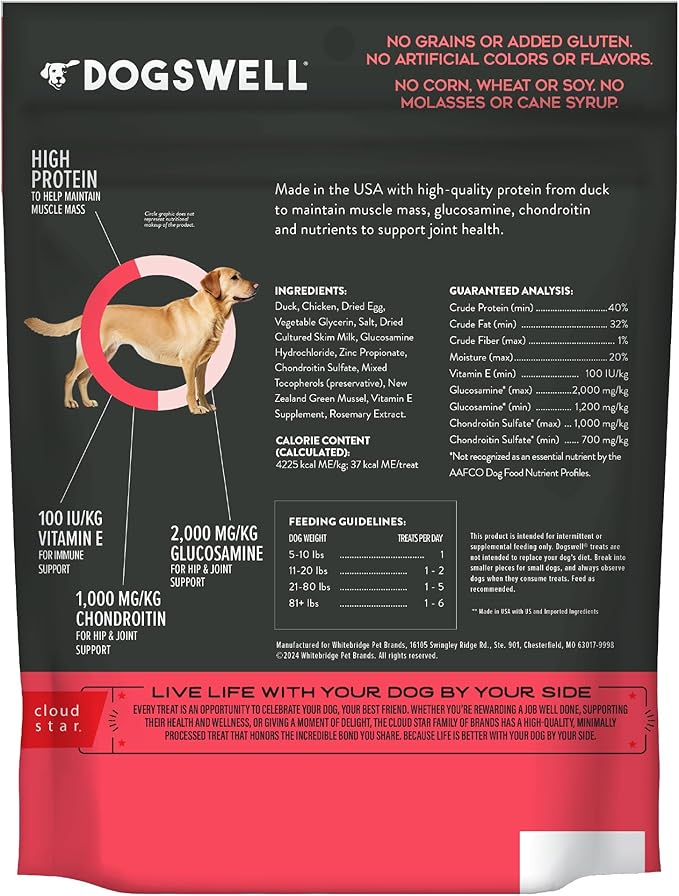 DOGSWELL Hip & Joint Dog Treats 100% Meaty, Grain Free, Glucosamine Chondroitin & Omega 3, Duck Soft Strips 10 oz
