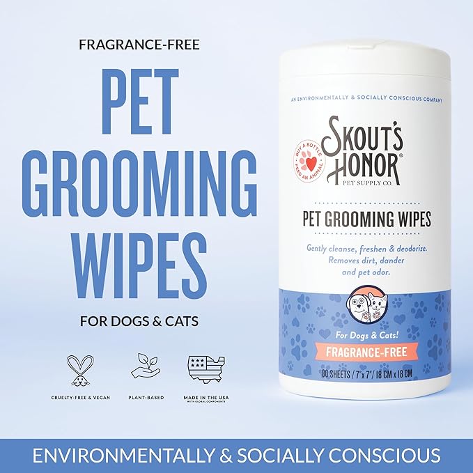SKOUT'S HONOR Pet Grooming Wipes for Dogs and Cats - Deodorizing, Plant-Based, Biodegradable, Fragrance-Free - for Paws, Faces, Skin Folds & Bums, 80 Count, 2-Pack