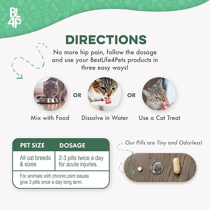 Cat Hip and Joint Support Supplement, Natural Mobility Aid with Plant-Based Ingredients, Comfort for Stiffness & Flexibility, Tiny Neutral-Taste Pills Mix or Dissolve, Cat Joint Supplement (400 Pills)