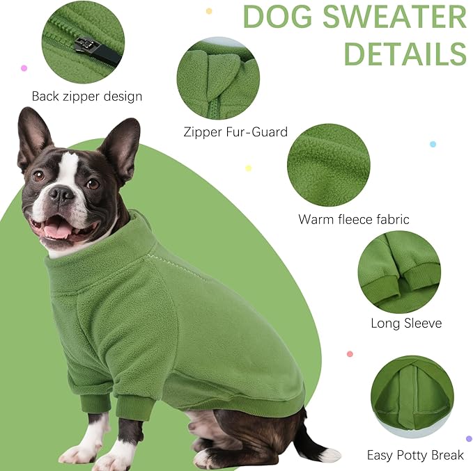 BRKURLEG Dog Sweater Warm Soft Fleece Dogs Sweaters, Turtleneck Sweatshirt for Small Medium Large Dogs, Dog Winter Coat, Christmas Pet Jacket with Zipper Cold Weather Coat (Green, XXL)