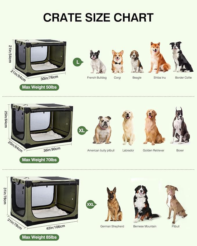 36 Inch Collapsible Travel Dog Crate for Medium Large Dogs, Portable Dog Crate 4-Door Foldable Soft Kennel with Durable Mesh Windows for Indoor & Outdoor Travel, with Storage Bag,Green