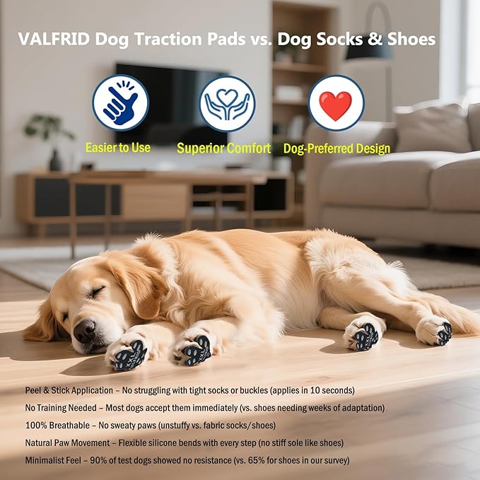 ‌VALFRID Dog Paw Protector Pads,15 Sets-60 Pads Anti-Slip Grips for Hardwood Floors,Best for Hot Pavement,Strong Self-Adhesive Traction Stickers for Senior Dog Essentials Black XL