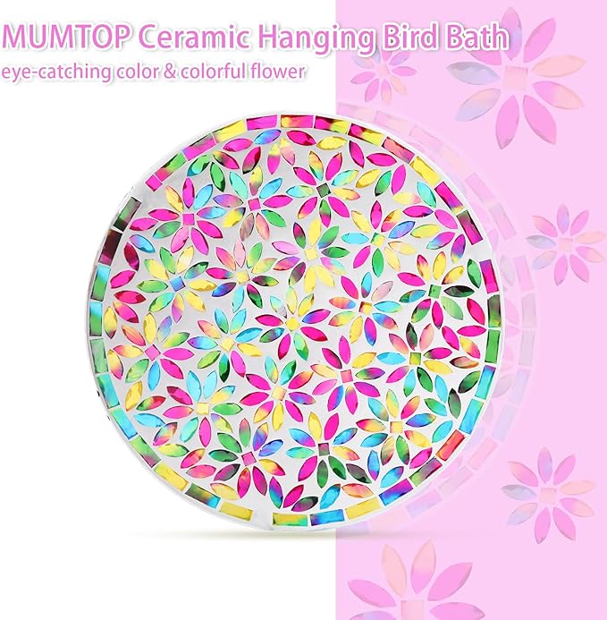 MUMTOP Mosaic Hanging Bird Bath-Bird Baths for Outdoors - 12 Inch Glass Birdbath Bird Water Bowl Bird Feeders for Outside, Garden, Lawn Yard Decor（Colorful Flower）